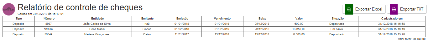 Relatório de Vendas com Cheque relatório de vendas com cheque